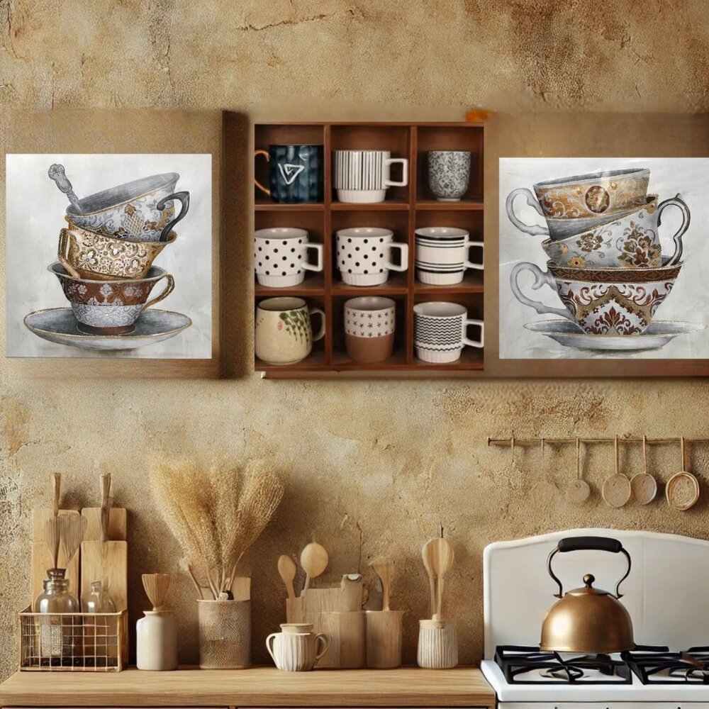 Set of 2 Ornate Teacup Canvas Prints – 7” x 7” – Vintage-Inspired Wall Art